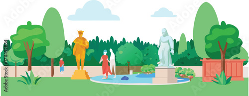 A lively park featuring statues and people enjoying the outdoors, surrounded by greenery and pathways.