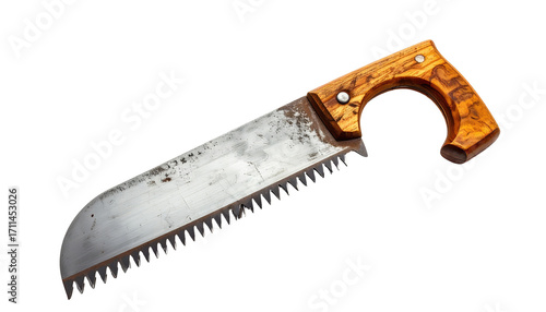 A rusty hand saw with wooden handle
