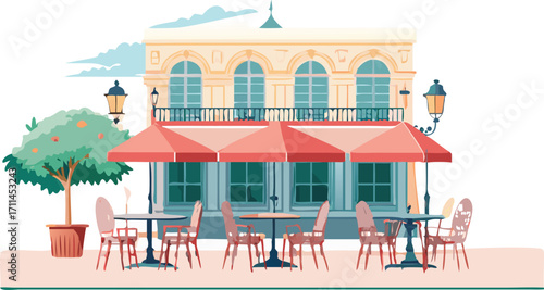 An illustration of a cozy cafe featuring tables and chairs arranged for customers to enjoy their meals.
