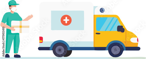 An ambulance parked with a man standing beside it, wearing a uniform and looking towards the vehicle.
