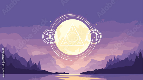 Peaceful lakeside landscape with moon and geometric design