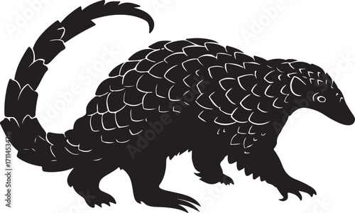 Unique pangolin silhouette walks, scales detailed, isolated