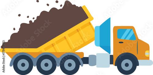 A dump truck pouring dirt onto a white surface.