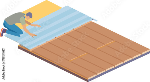 A man lies on a wooden floor beside a large sheet of plywood, appearing relaxed and contemplative.