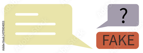Speech bubbles, one with text and another marked FAKE and a question mark, symbolizing fake news detection, critical thinking, and verifying information. Ideal for media literacy, fact-checking