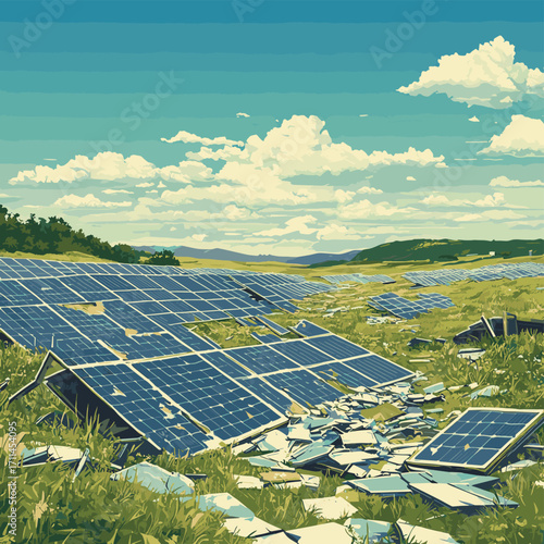 A landscape of broken solar panels scattered across a field, showcasing the impact of environmental challenges on renewable energy infrastructure. , vector style simple color
