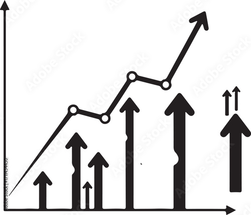 Hand drawn upward trending graph with rising bar chart and arrows vector illustration