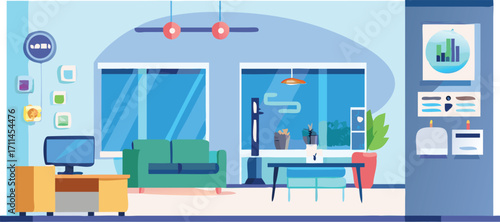 Modern interior featuring stylish furniture and a computer on a desk, creating a functional workspace.
