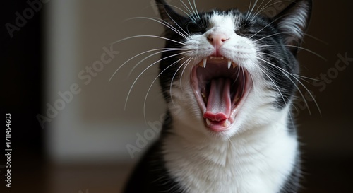 Black and white cat yawning with open mouth