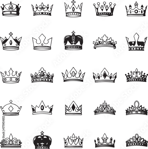 Twenty five black and white crown and tiara icons in various styles royal regal
