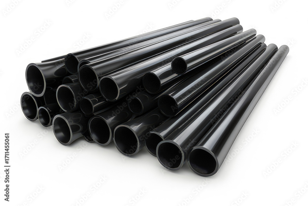 Fototapeta premium A collection of black plastic pipes arranged in a pile, used for various construction purposes.