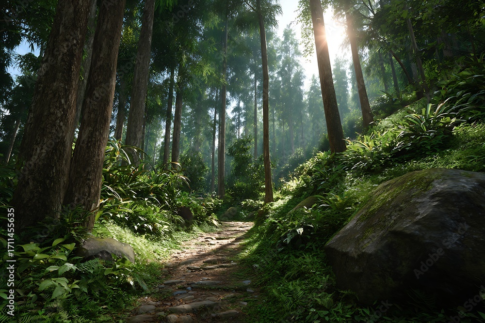 Obraz premium Path through a forest with a rock and trees