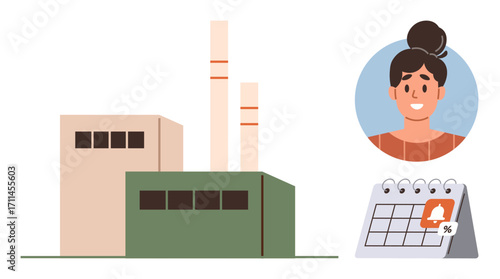 Factory building with chimneys, profile of woman, and reminder on calendar signaling industrial planning, deadlines, production, employee management. Ideal for productivity, organization