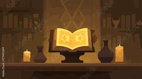 Open book on stand in dark room with candles