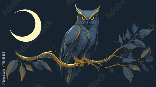 Nocturnal owl on branch with crescent moon