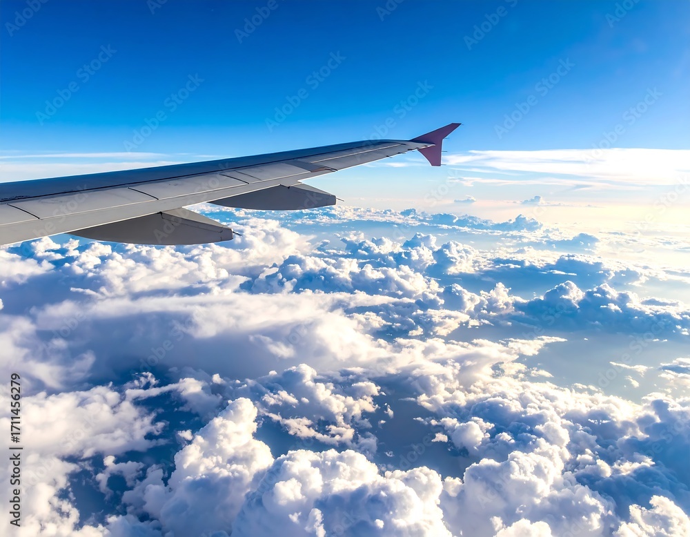 Fototapeta premium Airplane wing over a vast cloud sea