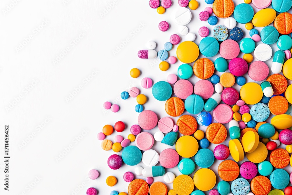 Obraz premium A colorful assortment of various pills and tablets scattered on a white background.