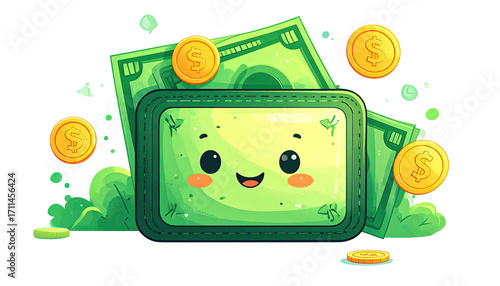 Cute, cartoonish, money-themed graphic.  A green block with a happy face, surrounded by dollar bills and gold coins