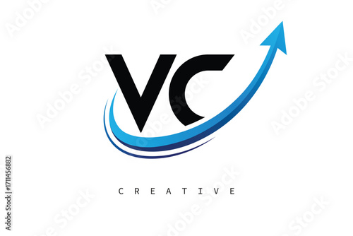 VC Letter Logo with Dynamic Arrow Swoosh – Modern Business Branding, Growth, Progress & Innovation Symbol