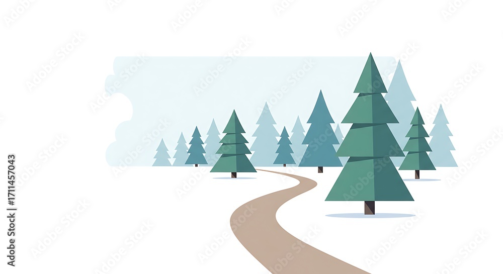 Obraz premium Winding Road Through Winter Forest with Minimalist Illustration, and Isolated on White.