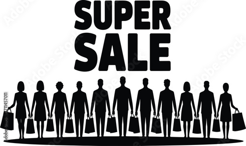 Excited shoppers eagerly await massive savings at a massive super sale event with bold text and diverse crowd holding shopping bags