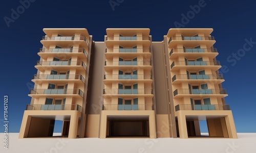 Front view apartment building over blue sky scene 3d rendering wallpaper background