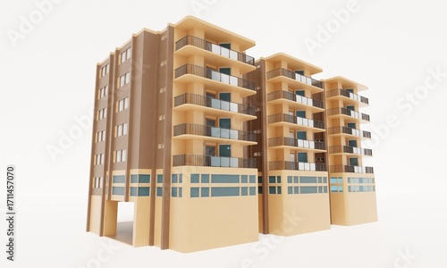 Modern apartment building 3d rendering architecture on a white background