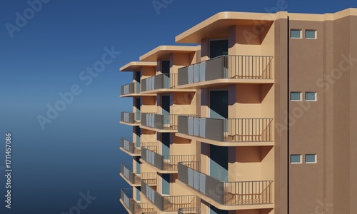 Side view apartment and balcony building 3d rendering architecture wallpaper background