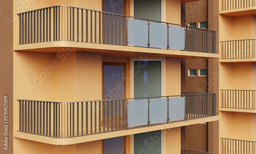 Close up balcony apartment building modern style 3d rendering wallpaper background
