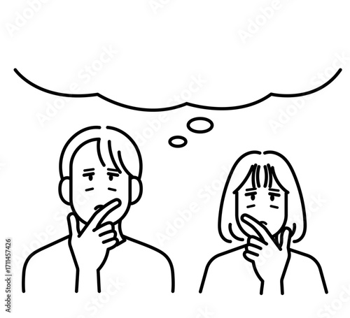 吹き出し付きの思案する医師達のイラスト　線画のみ