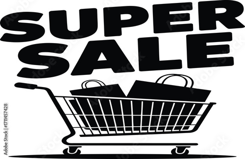 Exciting super sale event with shopping cart overflowing with bags, perfect for announcing huge discounts and driving customer engagement with vibrant promotional graphics