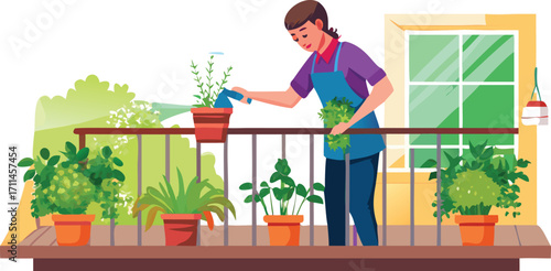 Woman watering balcony plants with a watering can, surrounded by greenery and enjoying a sunny day.
