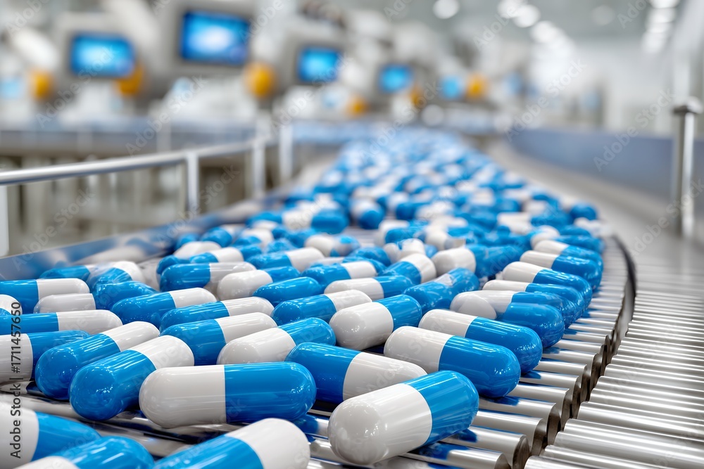 Fototapeta premium Blue and white capsule tablets on a pharmaceutical conveyor belt in a factory