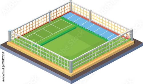 A soccer field featuring a goal net and a surrounding fence, set against a clear blue sky.
