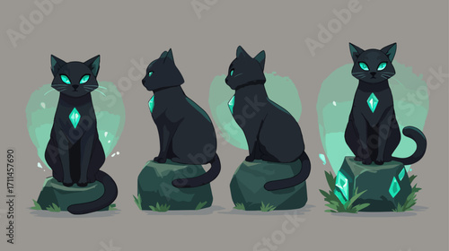 Black cat illustrations with turquoise gems