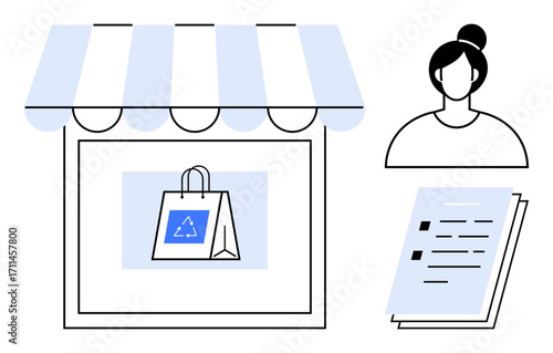 Storefront with striped awning, shopping bag featuring recycling sign, customer avatar, and checklist. Ideal for sustainability, eco-shopping, retail strategy, customer engagement, packaging green