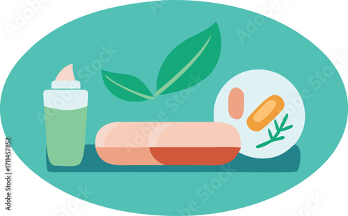 Icon depicting a bottle, pills, and a leaf, representing medicinal and natural health elements.
