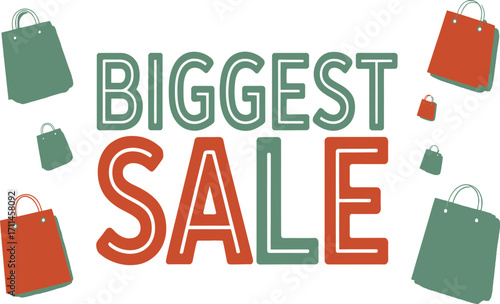 Experience the thrill of massive savings with this vibrant 'Biggest Sale' announcement graphic featuring dynamic shopping bags perfect for retail promotions and advertising campaigns.