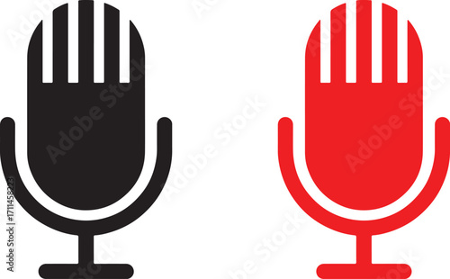 microphone, icon, symbol, audio, sound, recording, music, broadcast, podcast, speech, voice, vintage, retro, classic, black, red, graphic, design, element, isolated, white background, communication, m