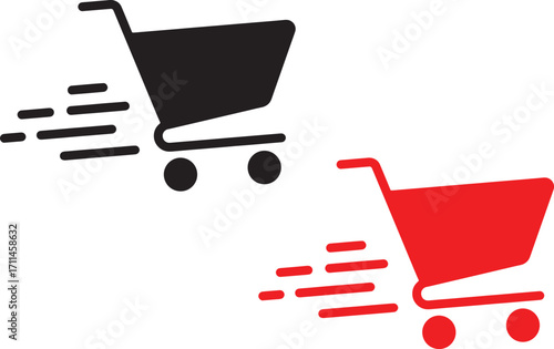 shopping cart, trolley, ecommerce, online shopping, retail, sale, discount, fast, speed, delivery, movement, motion, graphic, icon, symbol, black, red, white background, isolated, commerce, consumer, 