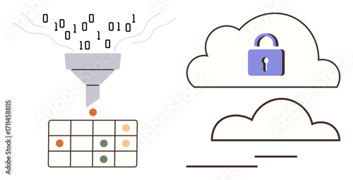 Binary data flows through a funnel into a table, signifying organization. Adjacent secured cloud with a padlock highlights privacy. Ideal for technology, data management, big data, security, cloud
