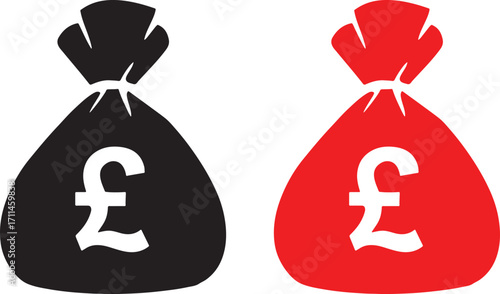 money bag, pound sterling, currency, finance, wealth, savings, investment, cash, currency symbol, british pound, black, red, white background, icon, symbol, graphic, design, economy, banking, money, c