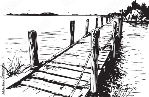 Pier at the Waterfront: A scenic black and white view showcases an old wooden pier stretching towards the horizon over tranquil waters, captured with an artistic flair. 