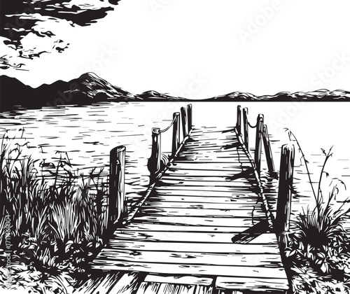 Serene Pier at the Lake: A grayscale illustration portrays a wooden pier extending into a calm lake, offering a sense of tranquility and inviting exploration.