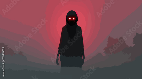 Silhouette figure with red eyes against red sky