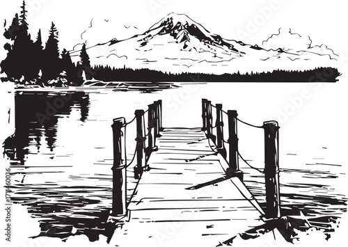 Pier into Tranquility: A serene black and white illustration of a wooden pier extending gracefully into a calm lake, with a majestic mountain range rising in the distance.