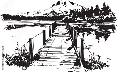 Pier's Gateway: A serene monochrome vista unfolds, capturing a wooden pier extending over tranquil water, leading towards a majestic mountain range and forested landscape.
