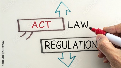 Hand writing on whiteboard with text on act law regulation, concept of legal compliance and governance in business environment