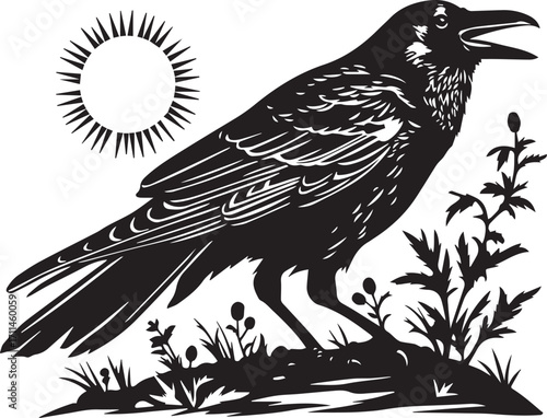 Raven's Silhouette: A striking illustration of a raven perched amidst stylized foliage and a sun, a graphic embodiment of mystique and stark beauty.