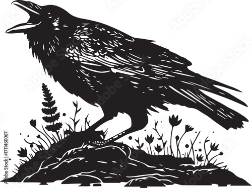 Raven's Echo: A stark, black-and-white image of a raven perched atop a stone, its beak wide open as it calls out, creating a visual poem of mystery and elegance.